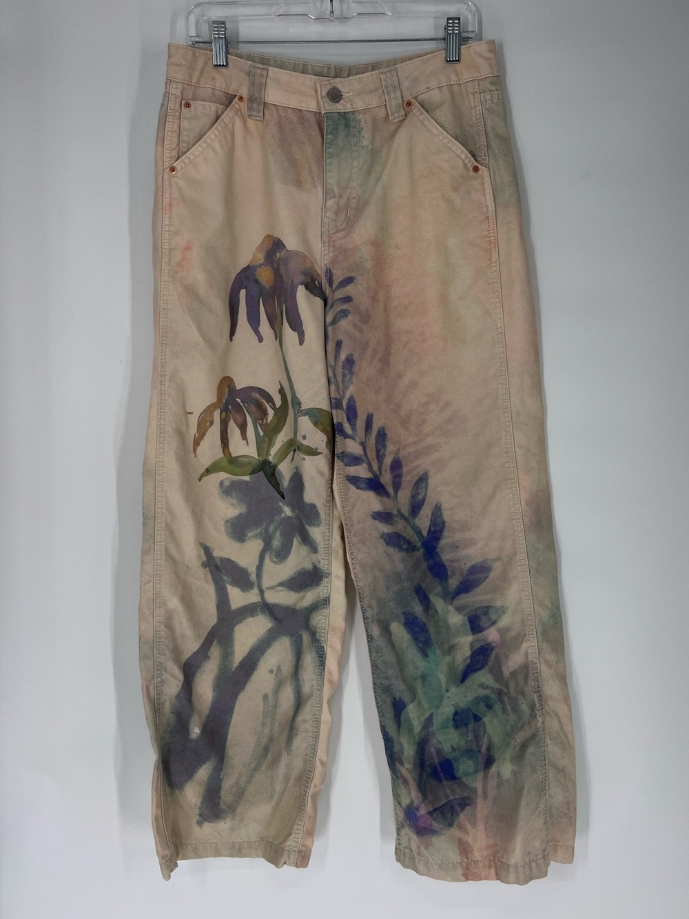 BDG Cream Purple Watercolor Painted Coneflower Wildflower Floral Canvas Jeans 28